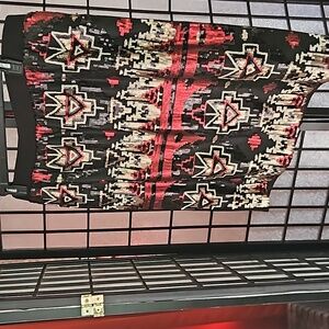 Black Sequin Midi Skirt with Red & Cream Geometric Pattern